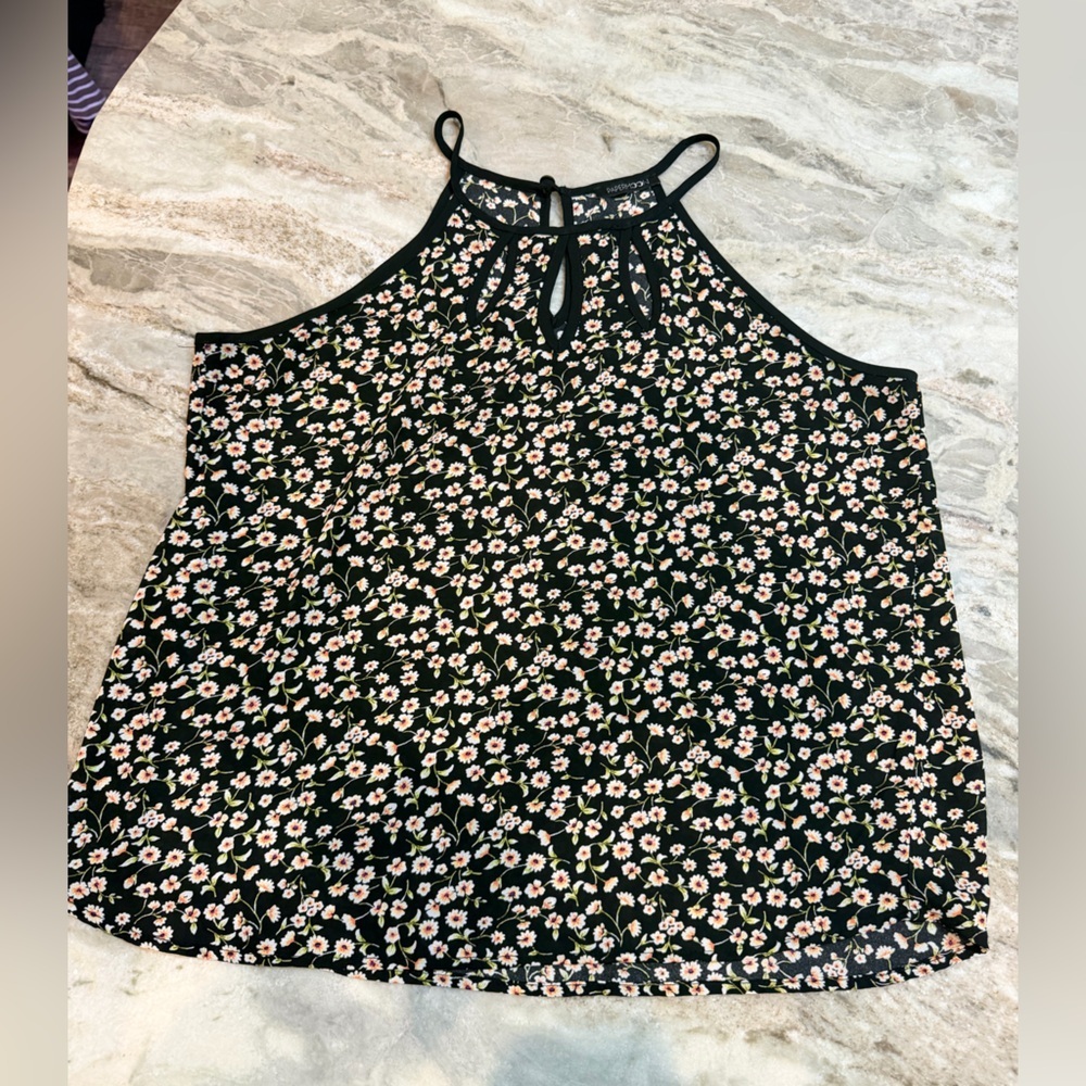Papermoon Black Floral Tank Top Keyhole Front Adjustable Straps Size S